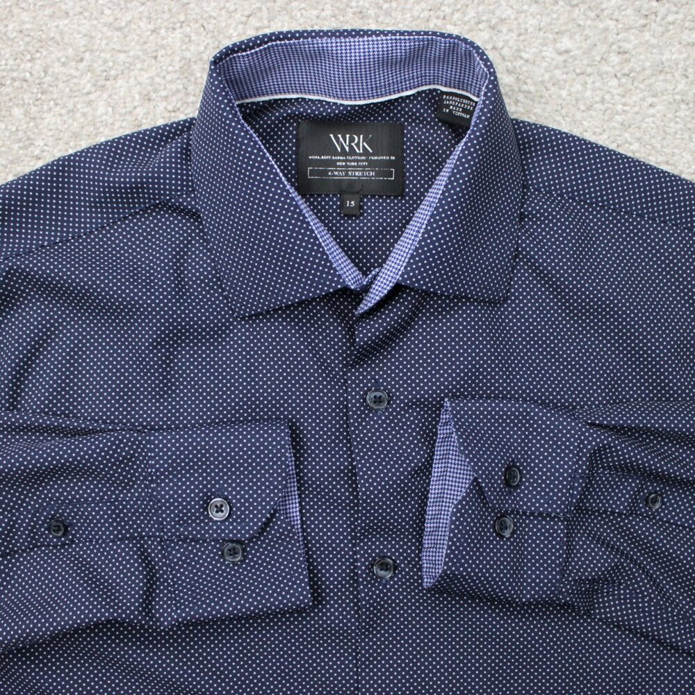 WRK Dress Shirt Men 15 Blue Geometric 4-Way Stretch Polyester Stretch L/S Button